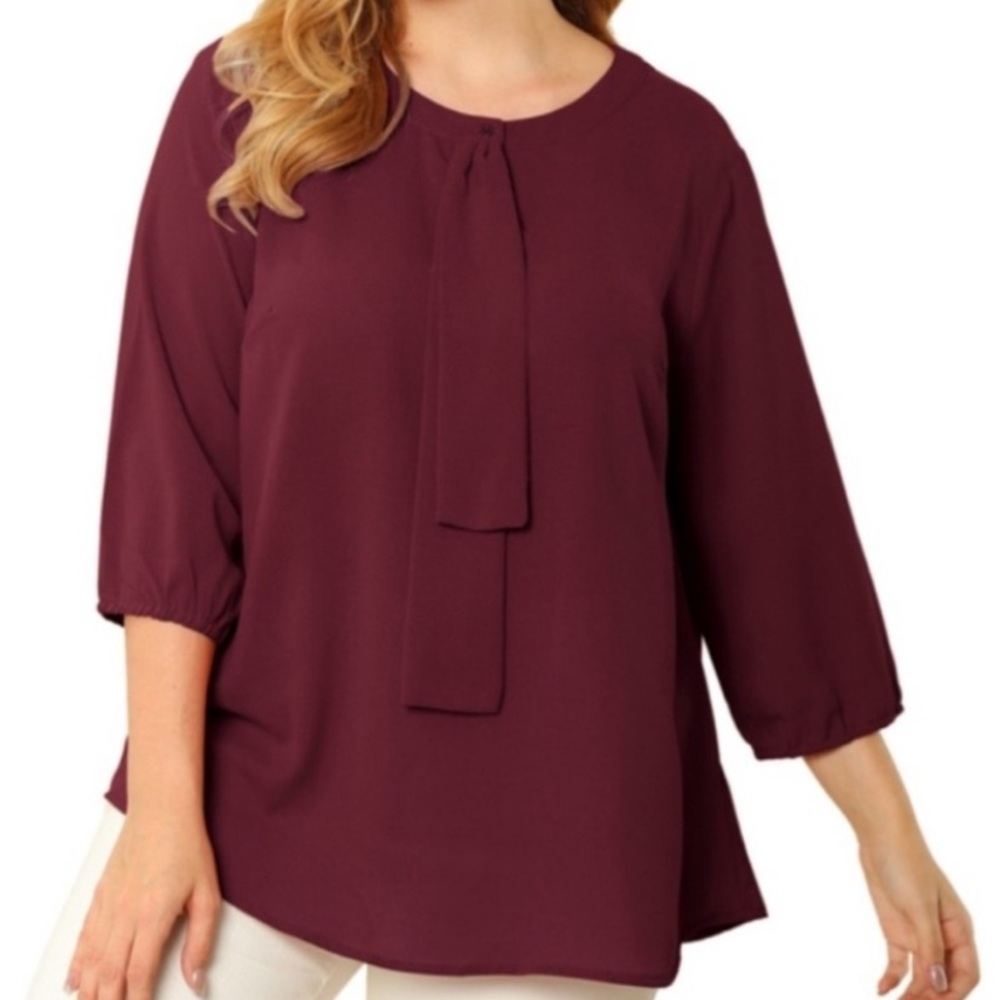 Agnes Orinda 3X, ruffle collar, red wine, 3/4 sleeve blouse